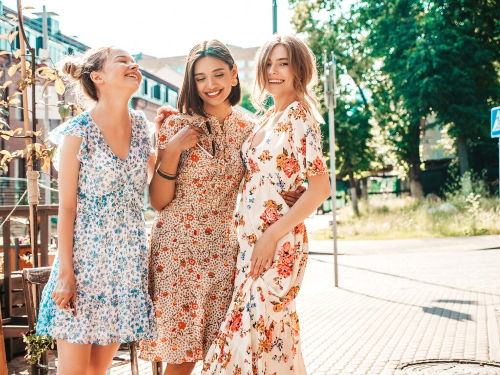 three beautiful smiling girls trendy summer sundress posing street 158538 16570