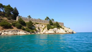 Πέτρινα τείχη κάστρου πάνω από ήρεμο τιρκουάζ κόλπο με πεύκα