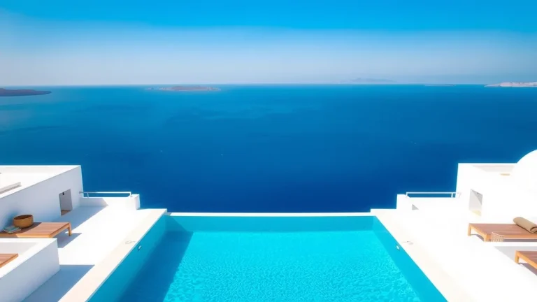 Λευκή βίλα με πισίνα υπερχείλισης πάνω από βαθιά μπλε θάλασσα