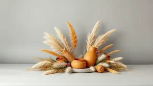 Σύνθεση boho με pampas grass, ξερά φύλλα και κεραμικά terracotta