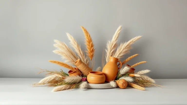 &Sigma;ύ&nu;&theta;&epsilon;&sigma;&eta; boho &mu;&epsilon; pampas grass, &xi;&epsilon;&rho;ά &phi;ύ&lambda;&lambda;&alpha; &kappa;&alpha;&iota; &kappa;&epsilon;&rho;&alpha;&mu;&iota;&kappa;ά terracotta