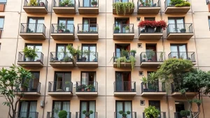 Πρόσοψη σύγχρονης πολυκατοικίας με μπαλκόνια γεμάτα φυτά