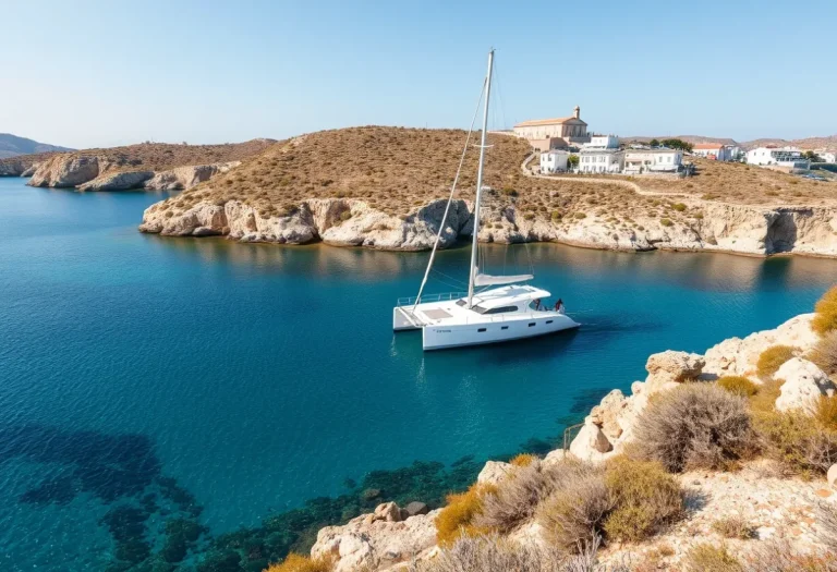 Ιστιοπλοϊκό καταμαράν αγκυροβολημένο σε κόλπο ελληνικού νησιού