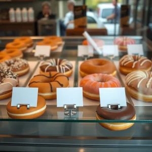 Βιτρίνα καφέ με γεμιστά donuts και κάρτες δίπλα σε κάθε ταψί
