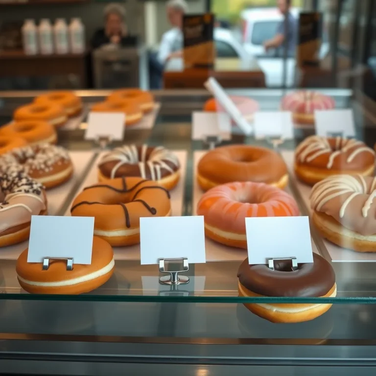 Βιτρίνα καφέ με γεμιστά donuts και κάρτες δίπλα σε κάθε ταψί