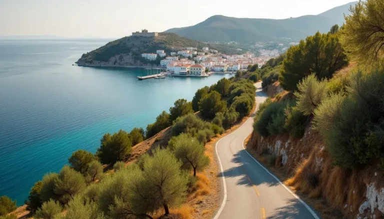 Coastal road through olive groves leading down to a harbour town on a calm bay in the southwest Peloponnese