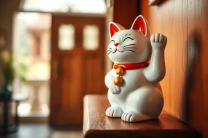 Λευκή κεραμική τυχερή γάτα maneki-neko με σηκωμένο πόδι σε ράφι κοντά στην είσοδο σπιτιού