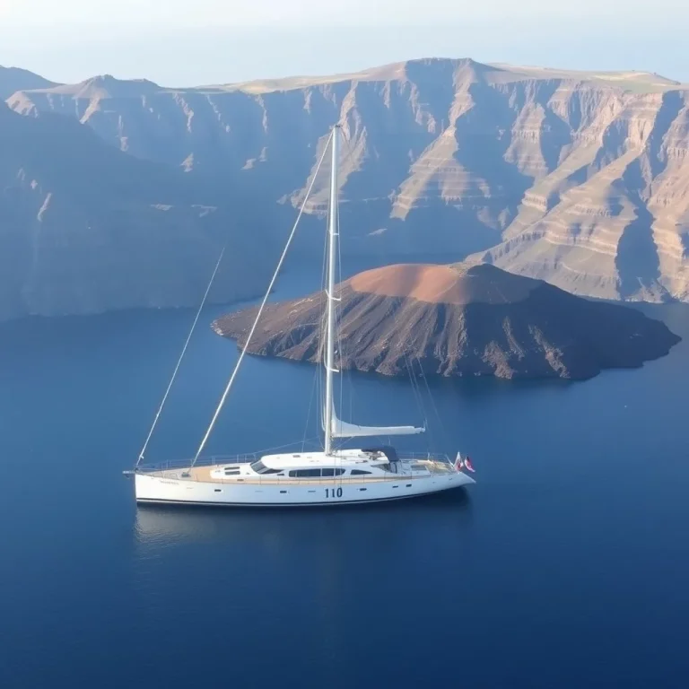 Private yacht inside the Santorini caldera near the volcanic islet of Nea Kameni